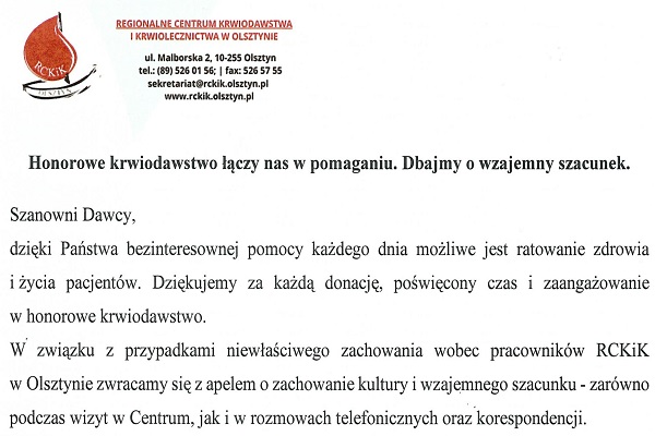 Apel Dyrektora RCKiK w&nbsp;Olsztynie